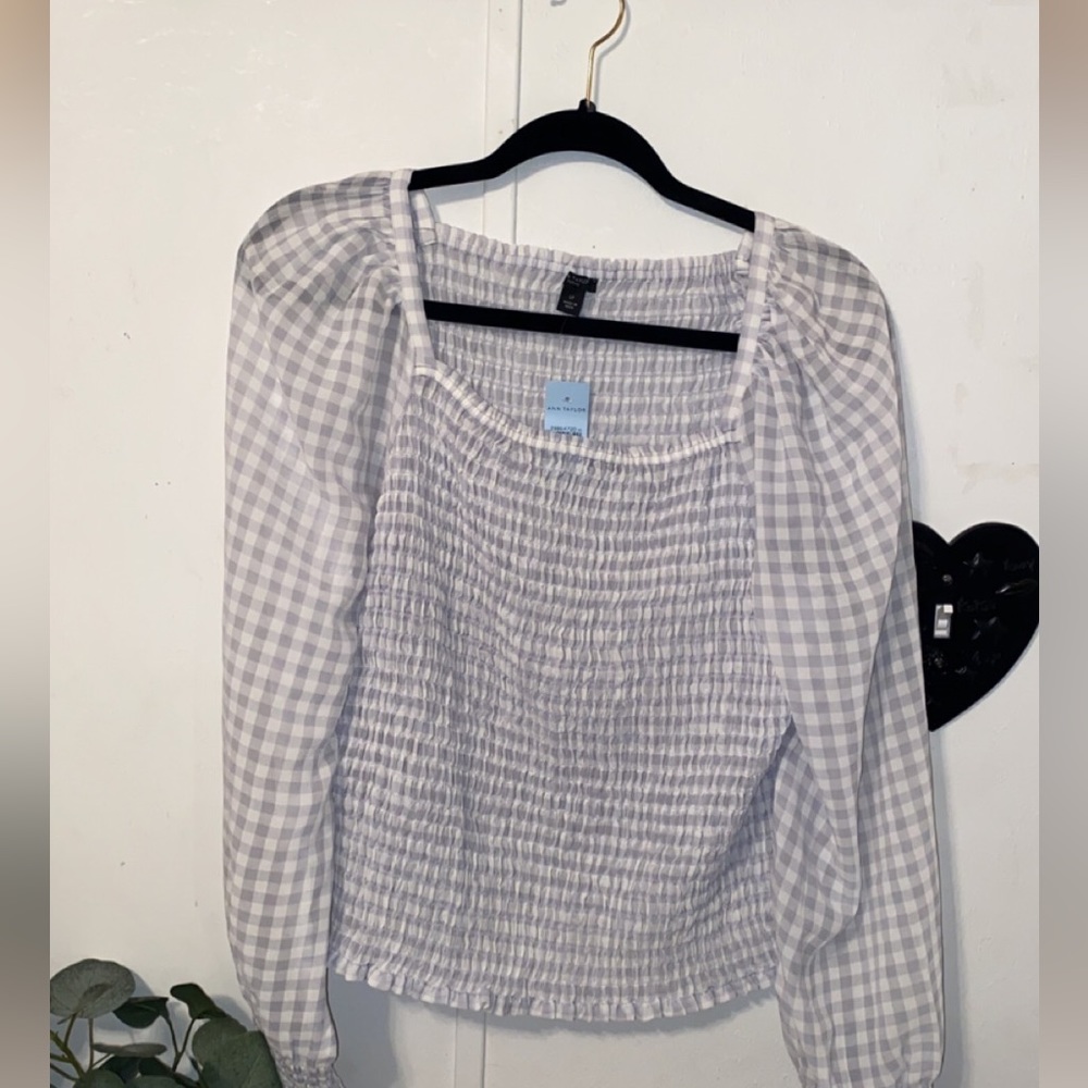 NWT Ann Taylor long sleeve gingham print shirred top